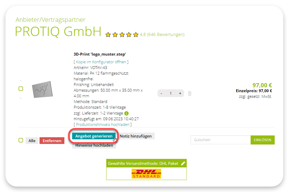 Screenshot von protiq.com: Angebote kann man im Warenkorb herunterladen